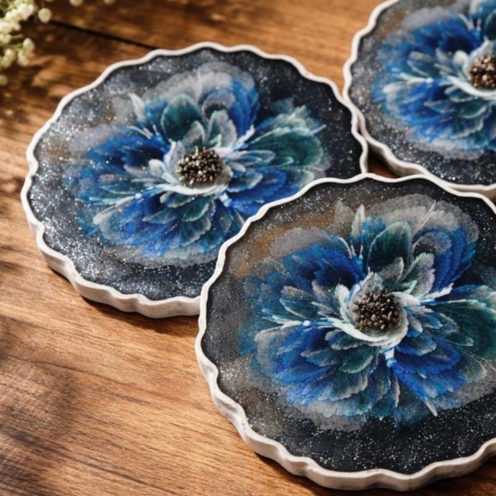 Blue and Green Rose Flower Coaster Set of 4 with stand
